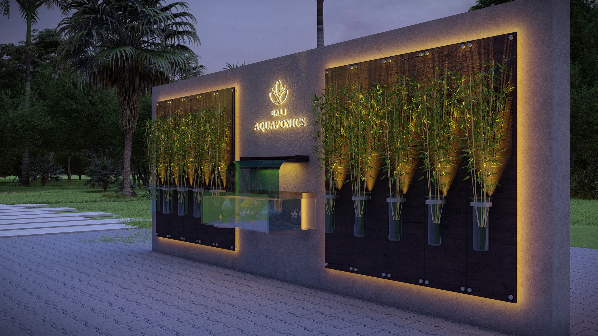 Living wall concept with planted elements and water